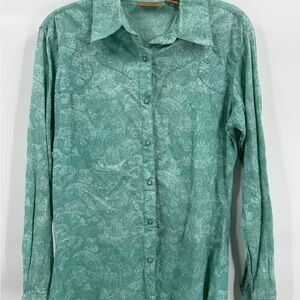Wrangler Teal Green Paisley Button Down Pearl Snap Long Sleeve Shirt, Western